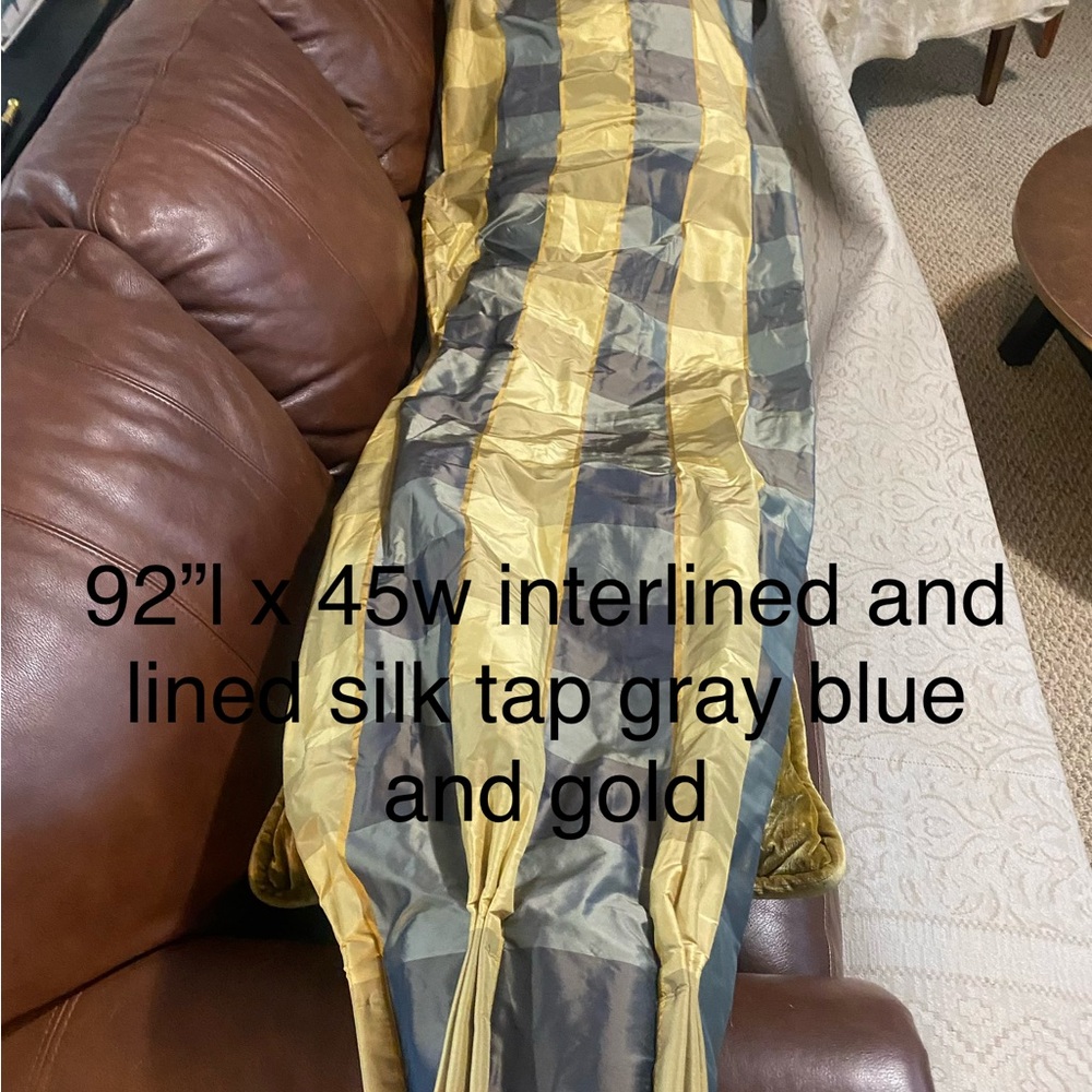 Striped/plaid Silk Drapes in Gray, Blue, and Gold
